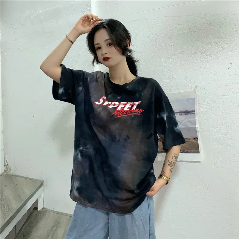 Tie Dye, большой размер, свободная, повседневная, модная, Harajuku, женская футболка с буквенным принтом, хип-хоп, короткий рукав, повседневная, парная футболка - Цвет: Черный
