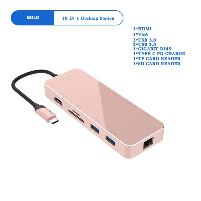Rose Gold 10 в 1 концентратор USB C концентратор тип C к HDMI VGA RJ45 мульти порт док-станция с 3,5 мм разъем для наушников PD зарядка 10 порт usb-хаб - Цвет: Rose Gold