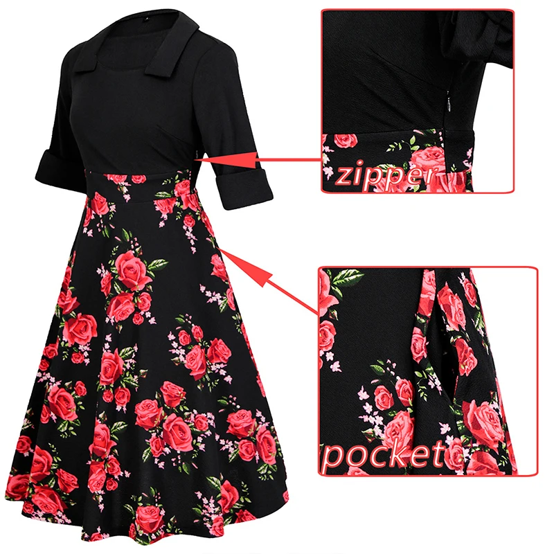 Europe Women Vintage Floral Print A-Line Dress Half Sleeve Black Spliced Dresses Casual Summer Streetwear Elegant Lady Clothing