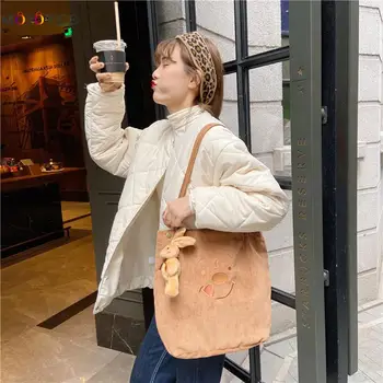 

Women Corduroy Handbags Student Casual Cartoon Cute Shoulder Bag Large Tote