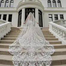 Новинка, свадебная вуаль, закрывающая лицо, три метра, длинная вуаль, Кружевная аппликация, один слой, свадебная вуаль с гребнем, Фата для собора, Фата для невесты