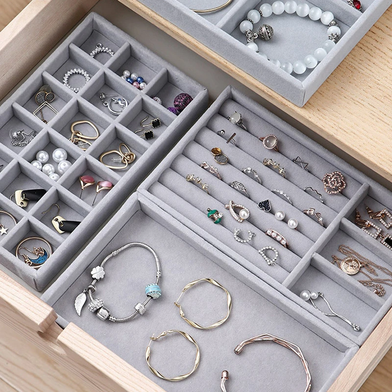  Thick Velvet Jewelry Storage Tray Necklace Ring Bracelet Holder Display Stand Drawer Gray Jewelry Organizer Case Storage Box 