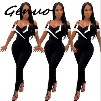 

Women Spaghetti Strap Off Shoulder Jumpsuit Elegant Color Block Bodycon Long Overalls Jumpsuit Summer Fall Streetwear Clubwear