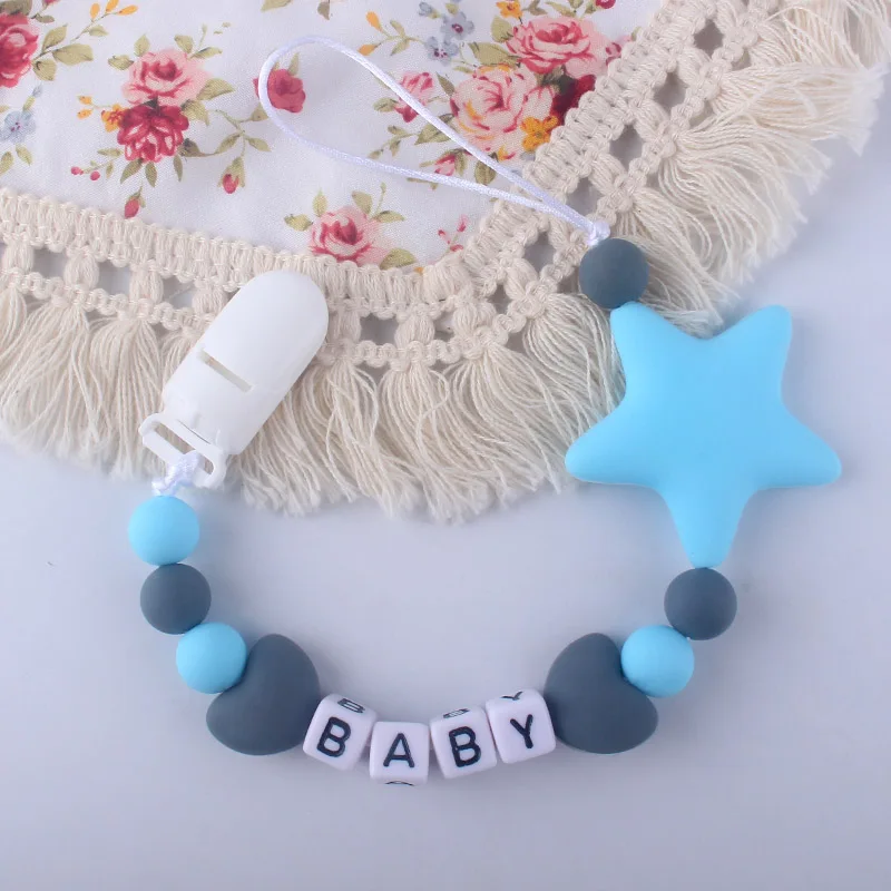 Серый XCQGH Customzied Детское Имя BPA бесплатные Силиконовые бусы для прорезывания зубов соски зажимы цепи - Цвет: Серый