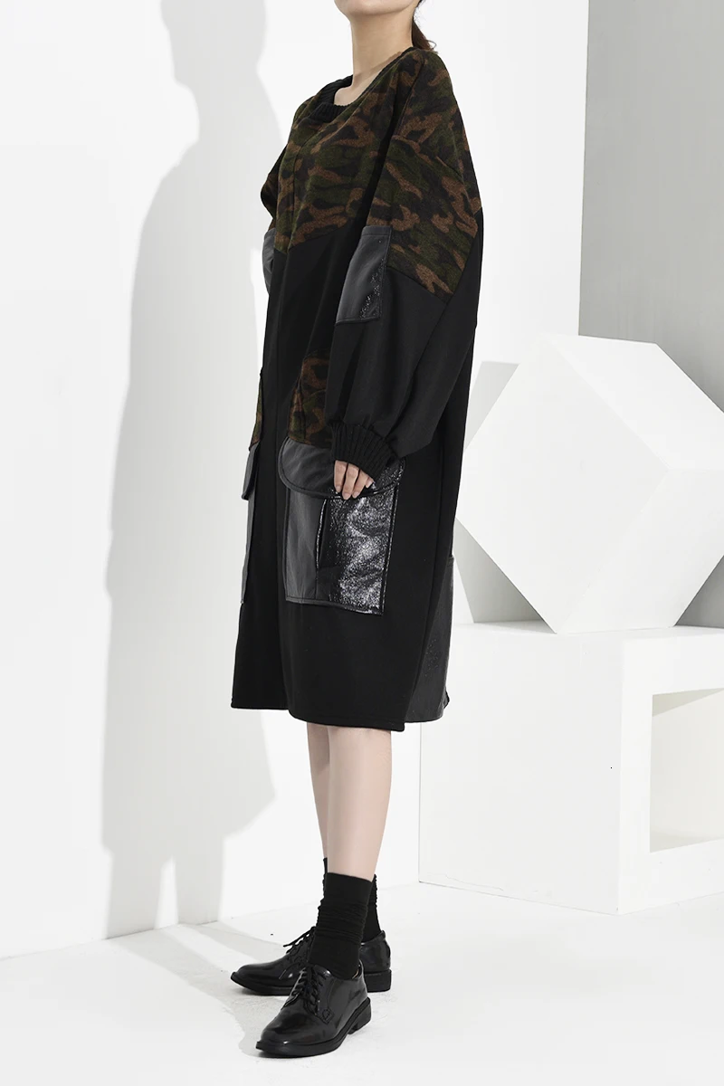 [EAM] женское леопардовое платье с карманами, большой размер, свитер, платье, новинка, круглый вырез, длинный рукав, свободный крой, мода осень, 1K665
