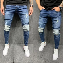 Pantalones vaqueros para hombre, Jeans elásticos de costura rasgados, a la moda, con botón, cintura media, bolsillos, Otoño e Invierno