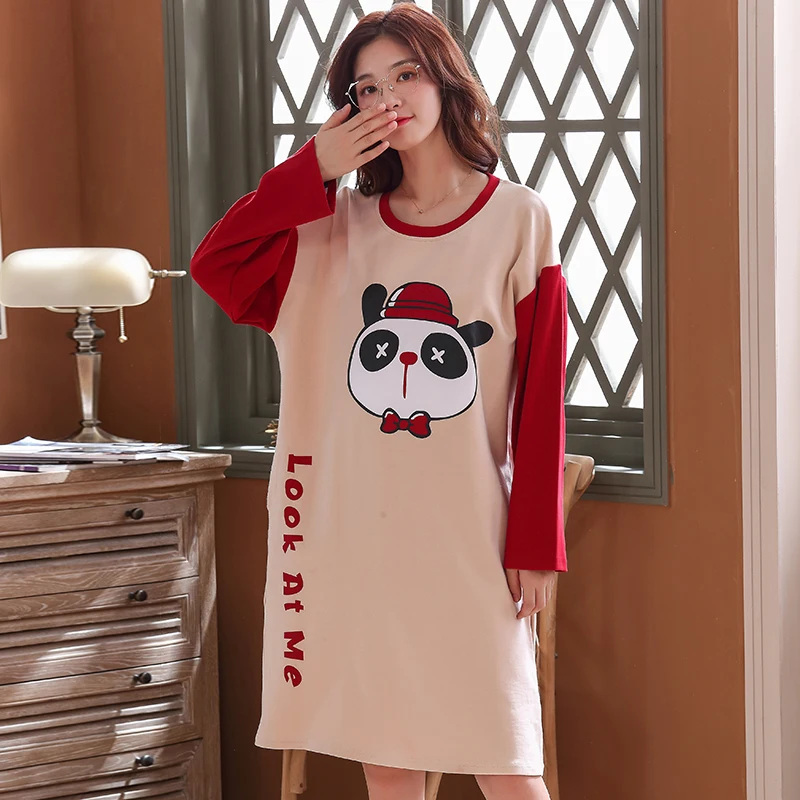Kawaii женская ночная рубашка из хлопка с длинными рукавами, ночная рубашка для студенток, модная цветная женская ночная сорочка, одежда для сна, большие размеры