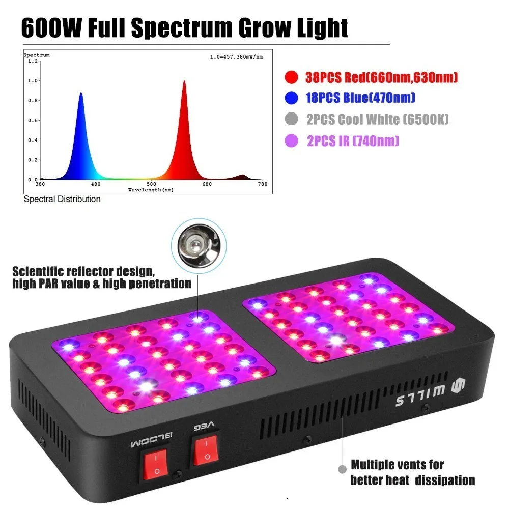 

Phlizon 600W led grow light Reflector full spectrum leds plant growth lamp fitolampy