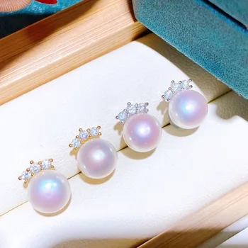 

Curved Natural Freshwater Pearls S925 Fine Silver Needle 8-9mm Flat round Pearl Earrings Live Micro-Supply