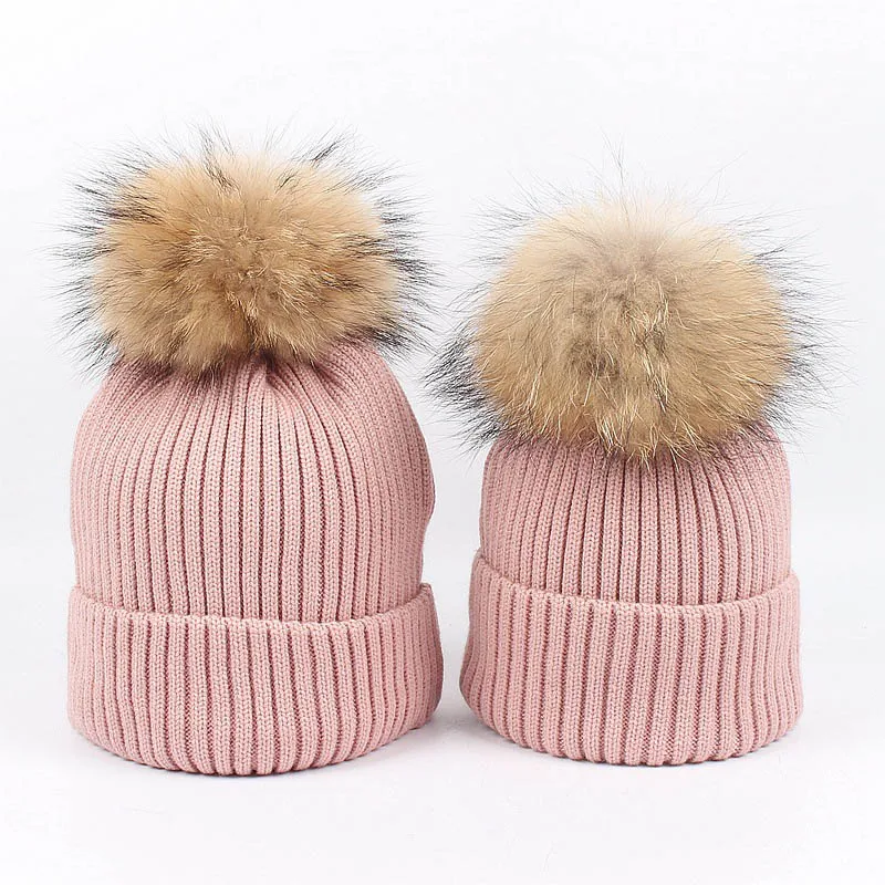 Pink Женская зимняя шапка, вязаная шерстяная шапка, шапочки для женщин и детей, настоящий шарик из меха норки, вязаная шапочка с помпонами, шапки, толстые шляпы для мальчиков и девочек - Color: Pink