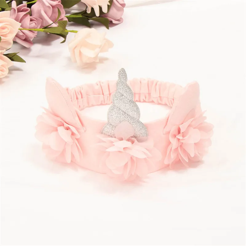pink 10 шт./лот девочек рога единорога с цветочным принтом повязка на голову с блестками для новорожденных упругая резинка для волос нейлона Головные уборы вечерние декоративные аксессуары для волос - Цвет: pink