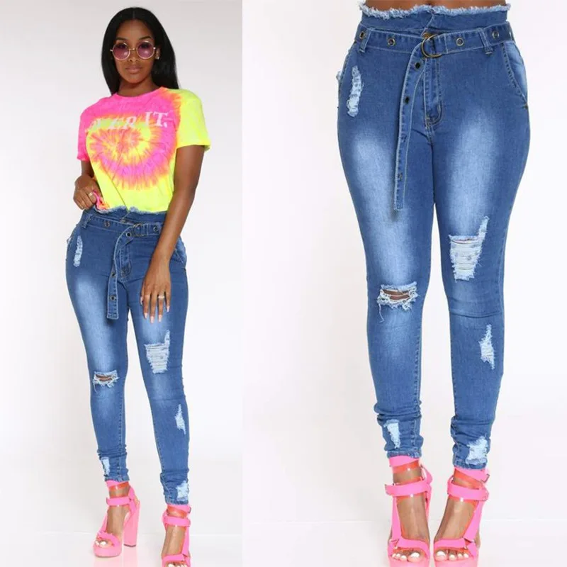 

1C low waisted jeans with ragged hem for women with belt and jeans for women