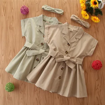 

Free Headdress Baby Girls Dress for Sumeer windbreaker style dresses children girls two-color solid color short-sleeved dress