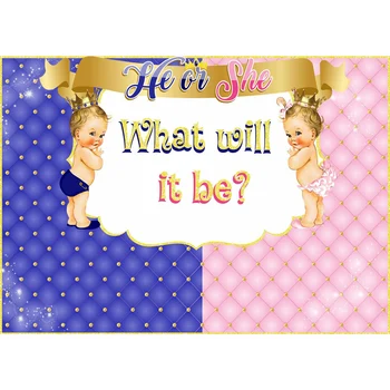 

Gender Reveal Backdrop Pink and Blue 7x5 He or She What Will it Be Royal Baby Shower Background for Boy and Girl Personalized