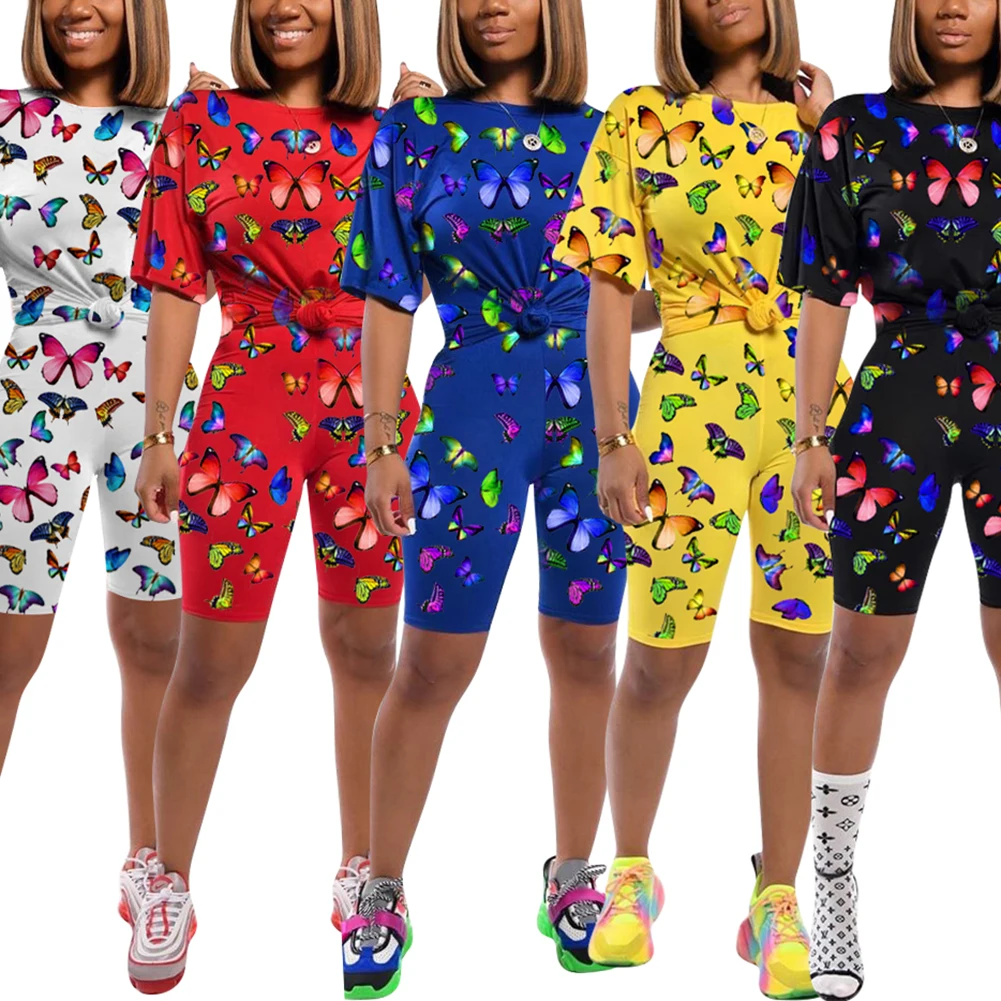 

AA Women Summer Clothes Set Short Sleeve Butterfly Print T-shirt Shorts Two Piece Set Top And Pants Women Set Clothing Outfits