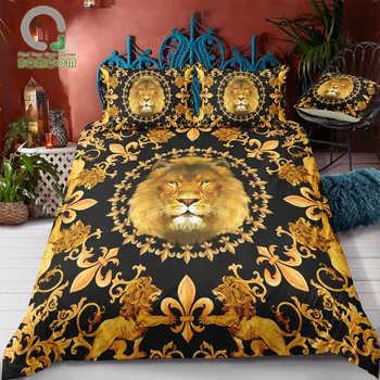 

BOMCOM Digital Printing Bedding Set Iris Fleur-de-lis Golden Lion Head Black Pattern Duvet Cover 100% Microfiber