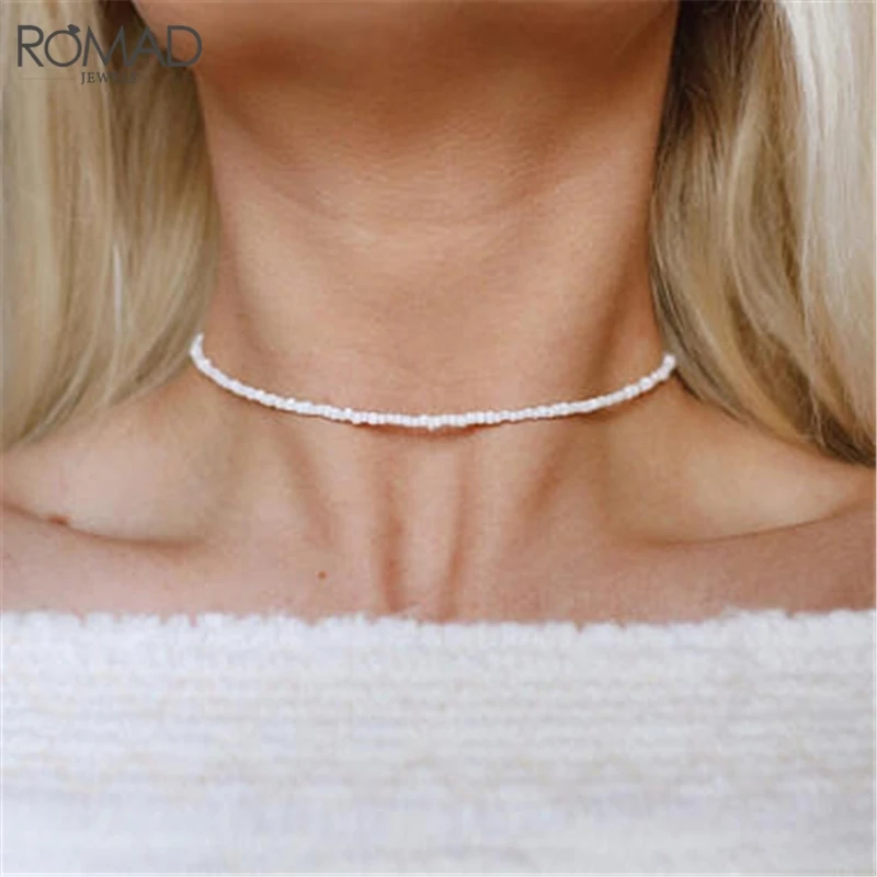 ROMAD Boho White Beaded Necklace Women Glass Necklace Beads Choker Bohemian Jewelry Gifts collares Collier Femme R50