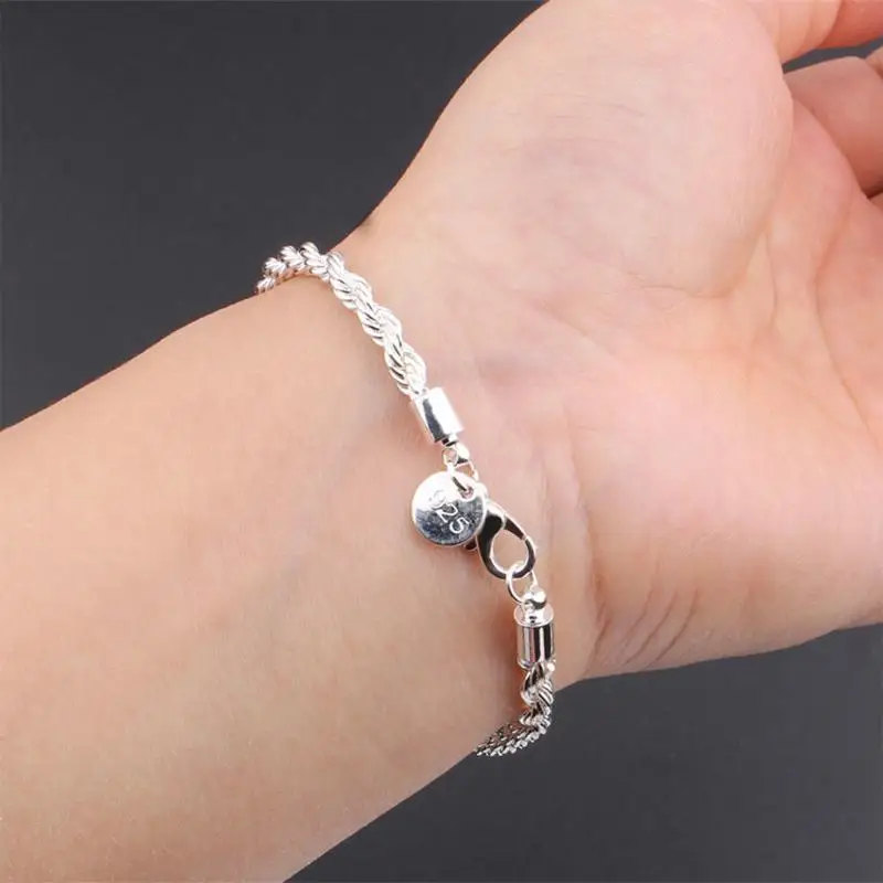 Silver Color Twisted Bracelet Women Men Fashion Solid Wedding Bride Charm Chain Female Elegant