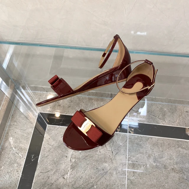 Women's Sandals 2021 Fashion Classic Genuine Sheepskin Patent Leather Wedges Shoes Temperament Style High Heel 4.5 CM db005 brown