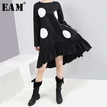 

[EAM] Women Dot Printed Pleated Asymmetrical Dress New Round Neck Long Sleeve Loose Fit Fashion Tide Spring Autumn 2020 1K472