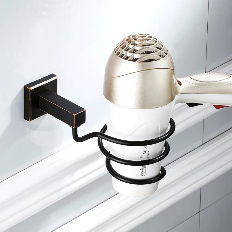 

New Style Copper Material Square Base Black And White with Pattern Bathroom Hook Unit Hair Dryer Rack Hairdryer Holder Wholesale