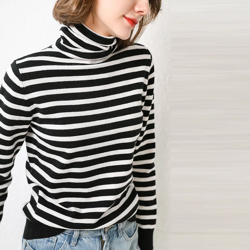 

Sweater for women autumn and winter new wool sweater turtleneck wild sweater Color contrast warm loose new