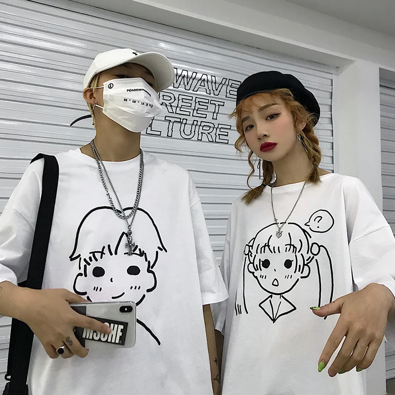 

Cute catoon print simple short sleeve t shirt couples white college style cotton loose medium long clothes men fashion hot top