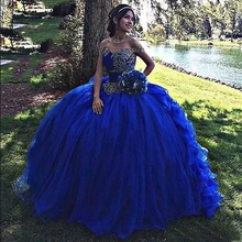 Королевский синий органза платья для выпускного Роскошные хрустальные бусины с открытыми плечами бальное платье сладкий 16 платье для выпускного вечера Vestido 15 Anos