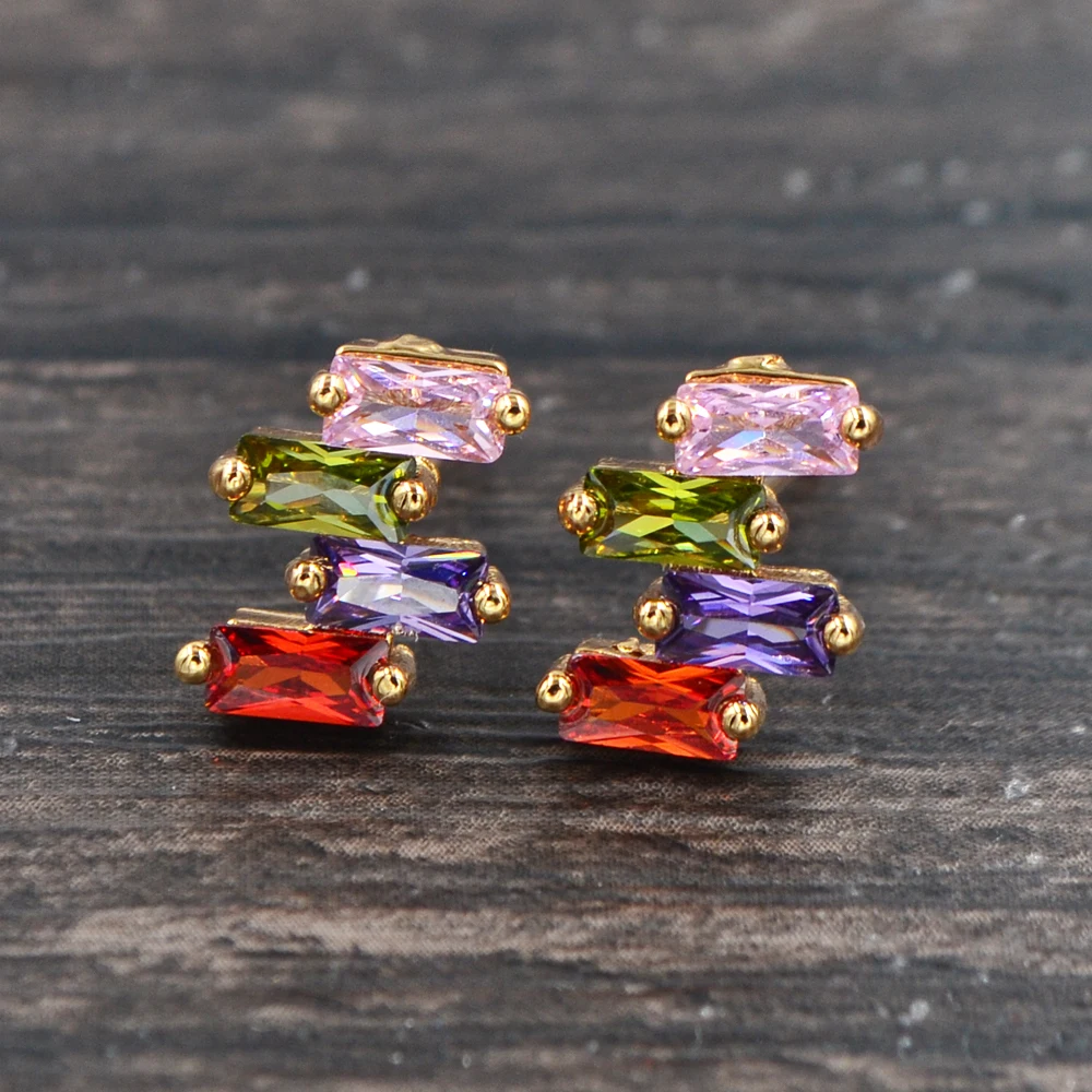 

Fashion Women Gold Color Multicolor Cubic Zirconia Colorful Irregular Fence CZ Stud Earrings Jewelry
