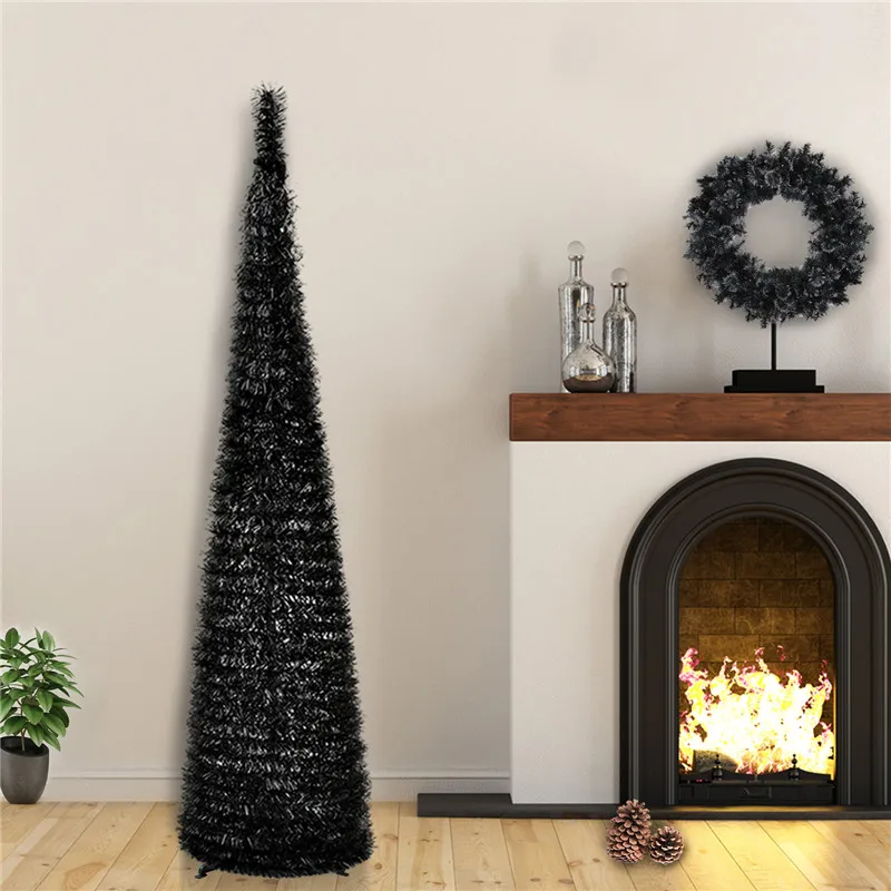 Black 5FT Pop Pull Up искусственная черная белая мишура Рождественская елка складной Карандаш камин Хэллоуин год вечерние украшения - Цвет: Black