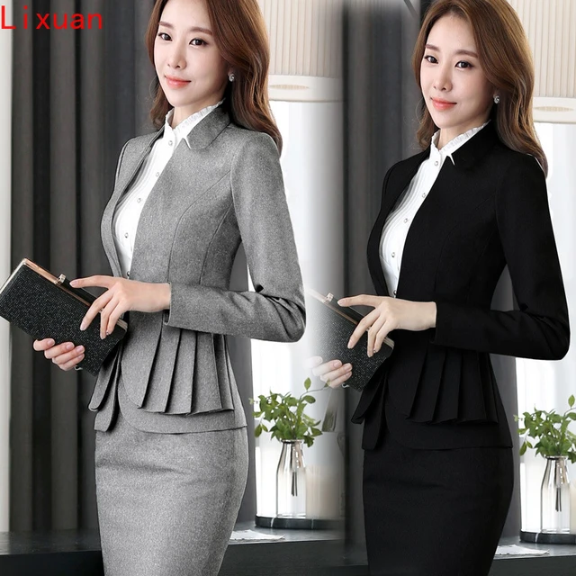 Chaqueta De Traje De Falda Para Mujer, Ropa De Oficina, Elegante, De Manga Con Volantes, Plisada, 2 Piezas - Trajes Con Falda AliExpress