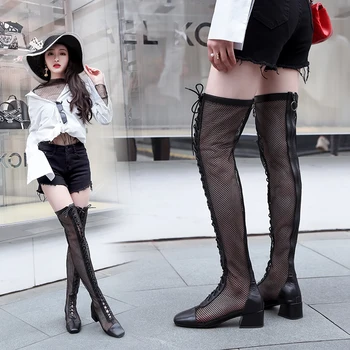 

Women's Summer Breathable Leather Semi-High Heeled Boots Mesh Boots Hollow Belt Heel Women's Boots Over The Knee Women Shoes