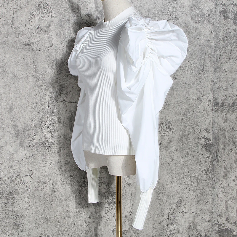 SeeBeautiful New Fashion Autumn Winter Stand Neck Long Puff Sleeve Pleated Stitching Knitting Blouse Shirt Women N897