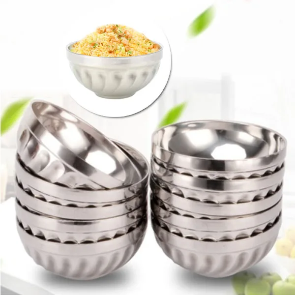Stainless Steel Bowls Silver Color Kitchen Dual-Layers Double-Deck Rice Food Storage Utensil Dinnerware Container