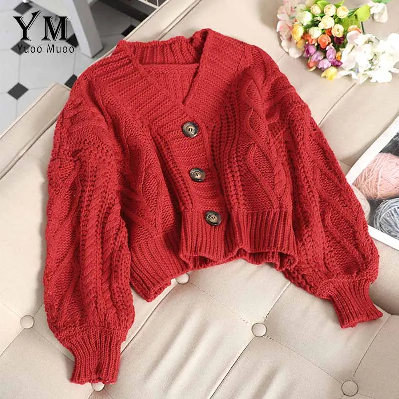 3 Buttons Red YuooMuoo шикарный женский кардиган до талии свитер осень трикотаж короткий кардиган девушка длинный рукав твист крючком Топ Pull Femme - Цвет: 3 Buttons Red