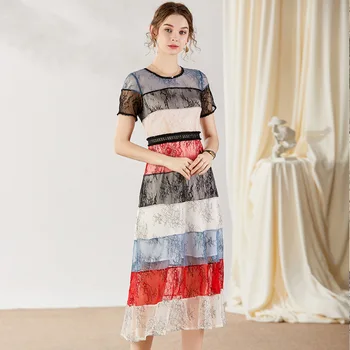 

Dress Women Summer 2020 Fashion Lace Round neck Short Sleeve Patchwork Slim A-Line Dress Female Midi S-XL
