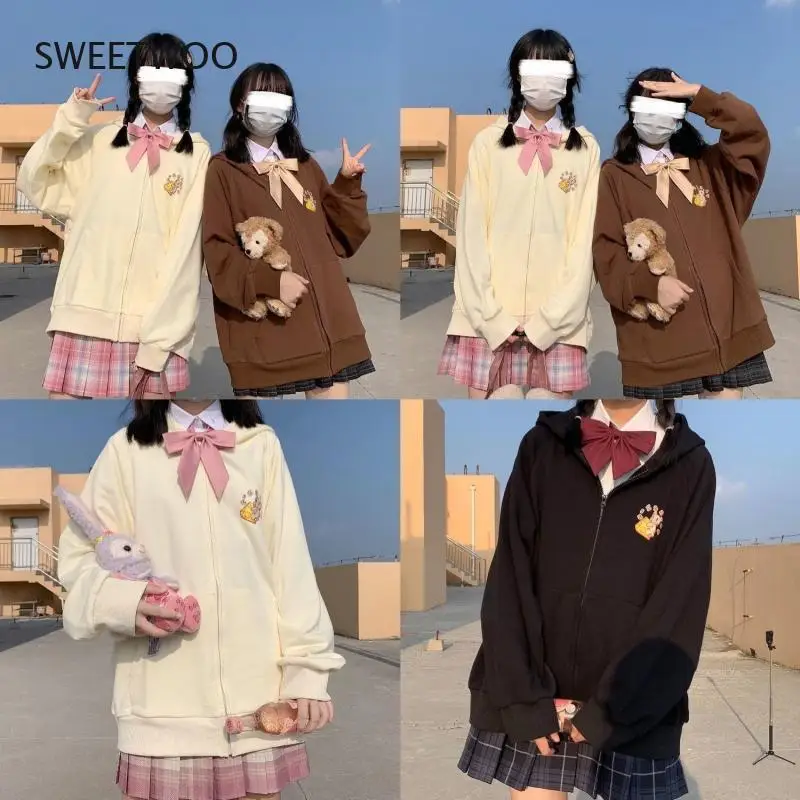 Korean Style Women Hoodies Winter Fashion Kawaii Sweatshirt Long Sleeve Tops Cartoon Print Plus Velvet Zip Up Hoodies