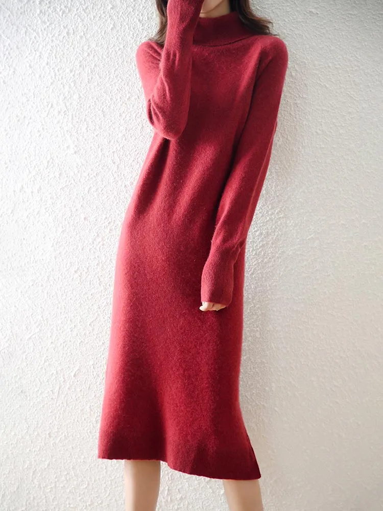 LONGMINGWomenKnittedDressTurtleneckWoolSweaterDressesPullover
