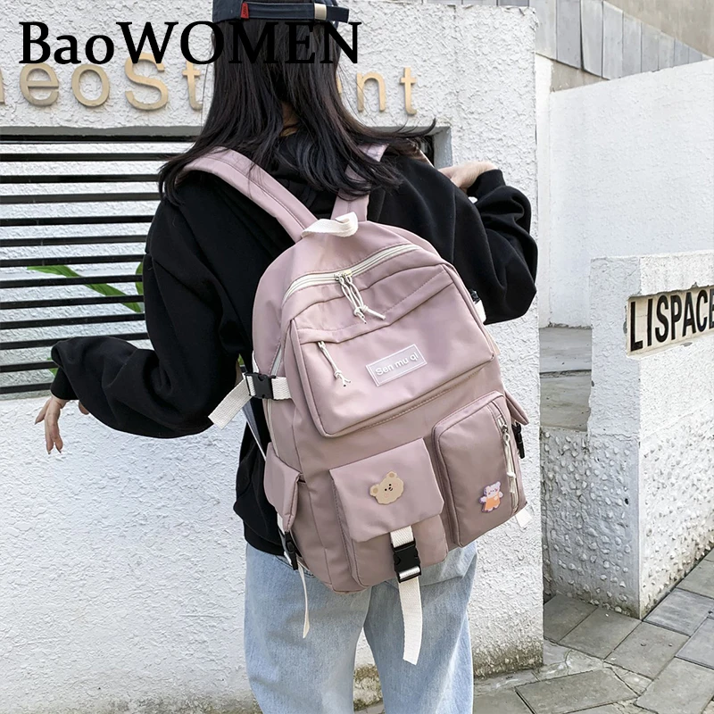 BaoWomen Fashion Nylon Waterproof Woman Backpack Female Student School Girl Kawaii Bags Pink Buckle kawaii Backpack Harajuku