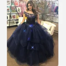 Платье quinceanera темно-синий совок шеи Кружева Аппликации блестками Тюль Свадебные платья развертки поезд vestido quinceanera 15