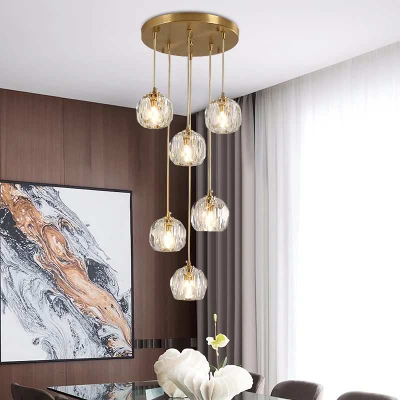 

Luxurious Modern Crystal Dining Room Hanging Lights Simple Restaurant Staircase Dining Led Pendant Lighting Copper Home Bar Lamp