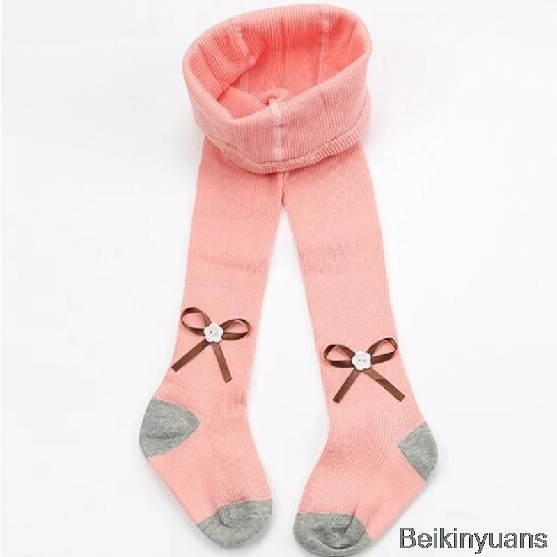 pink Детские хлопковые колготки с бантиком; Детские однотонные колготки с бантиком на весну и осень; колготки для малышей - Цвет: pink