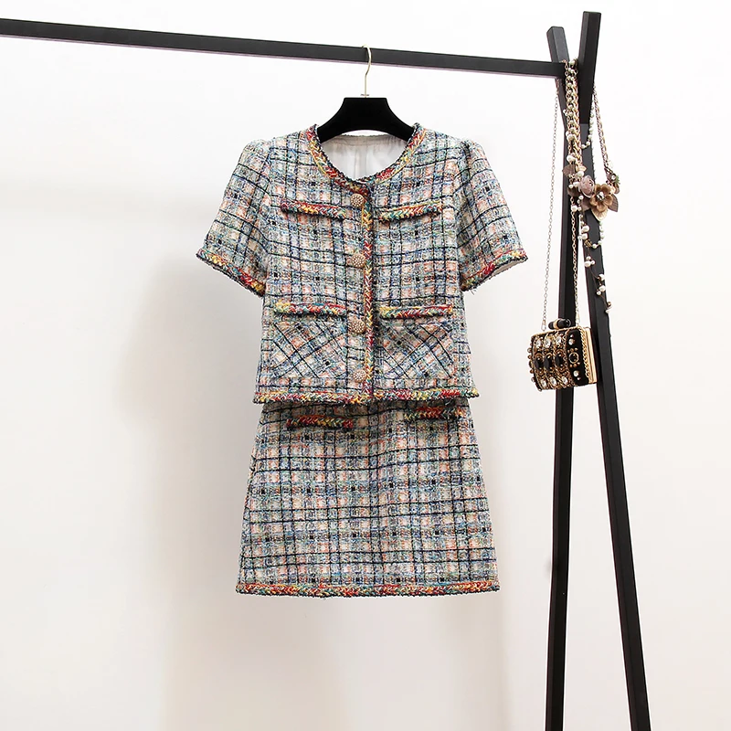 Autumn Tweed 2 Piece Set Suit Women Weave Plaid Button Pocket Short Jacket Coats+ Mini Pencil Skirt Set Two Piece Outfits