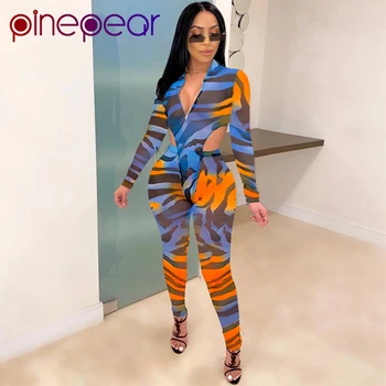 

PinePear Sexy Club Birthday Outfits Mesh Sheer Print Two Piece Set Women Rave Festival Clothing Bodysuit and Pants Matching Sets