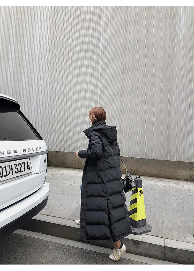 Осенне-зимнее приталенное плотное пальто средней длины с капюшоном в Корейском стиле для фотосессии новая стильная куртка-пуховик на утином пуху