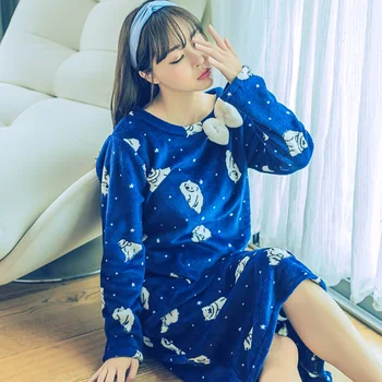 

Sexy Flannel Nightgown Thicken Women Sleepwear Winter Warm Cartoon Cute Nightdress Kimono Gown Coral Fleece Long Casual Negligee
