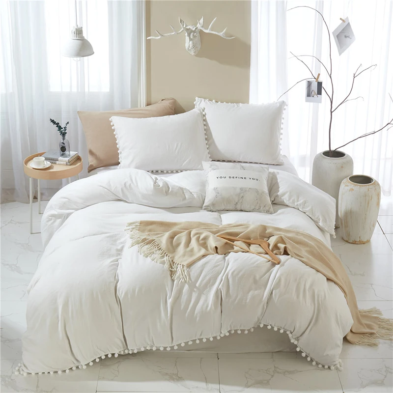 

Nordic Soft Cute Solid White Bedding Set With Pompom Duvet Cover Set Bedclothes Bedspread Quilt Twin Size Bed Linens Polyester