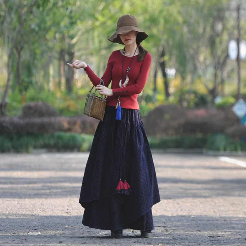 Free Shipping 2022 New Fashion Long Maxi A-line Elastic Waist Women Autumn Winter S-2XL Print Velvet Thick Warm Big Hem Skirts red velvet фестиваль reve 2022 день рождения фотокнига вер