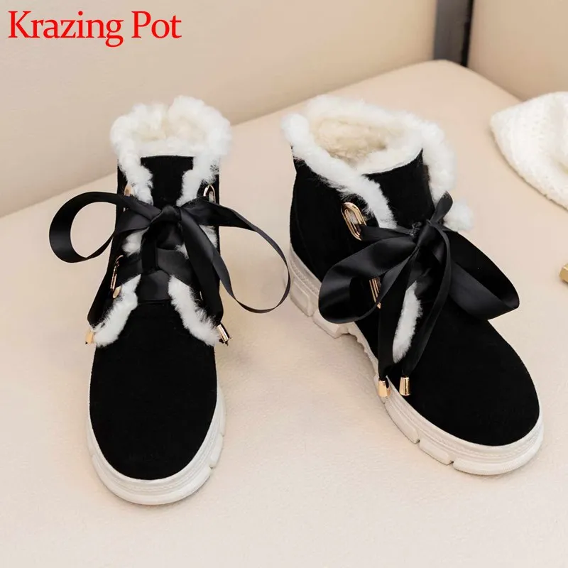 

Krazing Pot casual comfortable keep warm snow boots mixed color med heels round toe winter fashion lace up women ankle boots L62