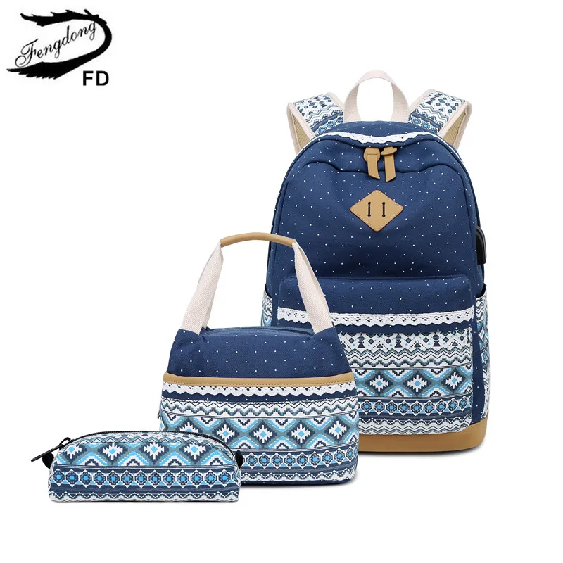 blue FengDong/3 шт./компл., детский рюкзак в этнический горошек, школьные сумки для девочек-подростков, сумка-карандаш, набор, рюкзак для студентов, подарок для девочек - Цвет: blue